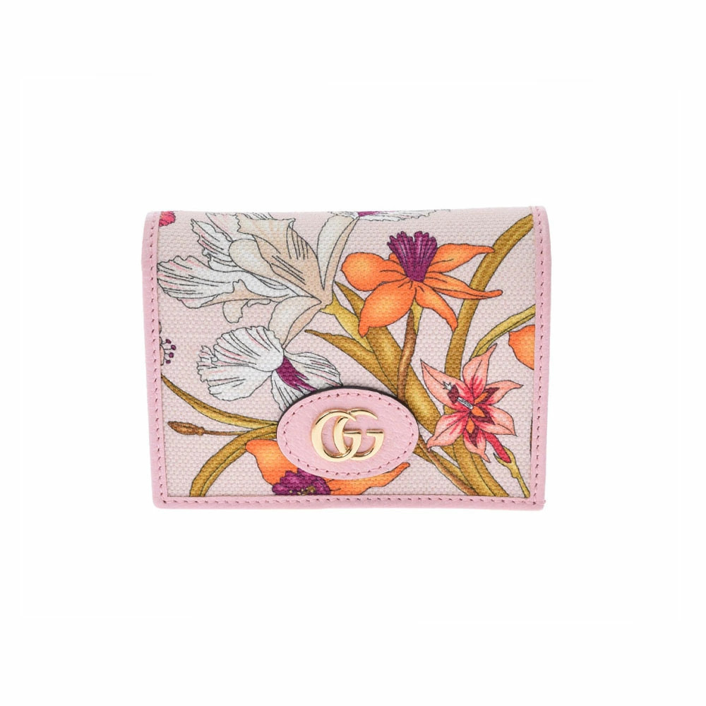 GUCCI Flora Flower Compact Wallet Pink Canvas Calfskin Bi fold